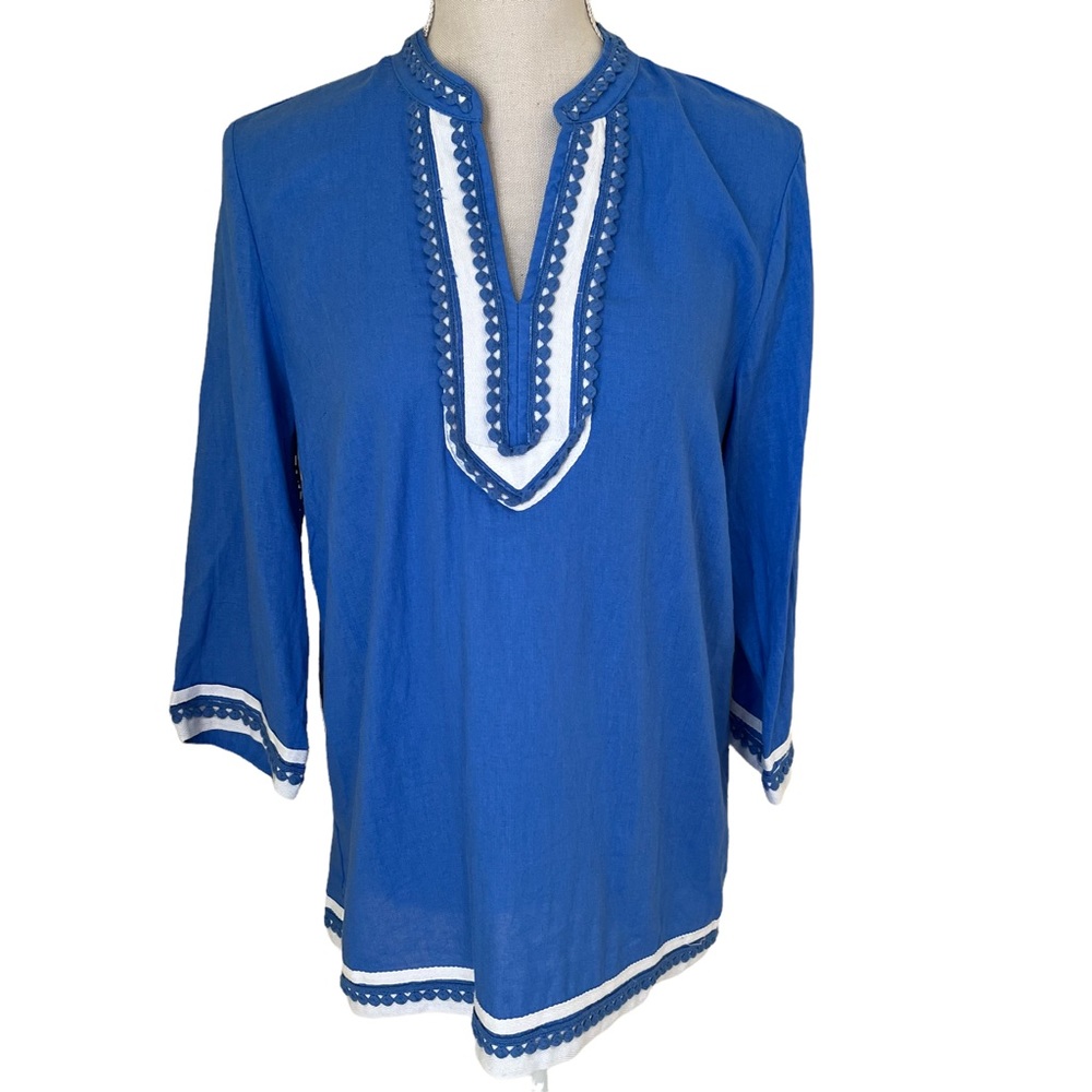 St Tropez West Blue Linen-Blend Top with White Detail and Trim M